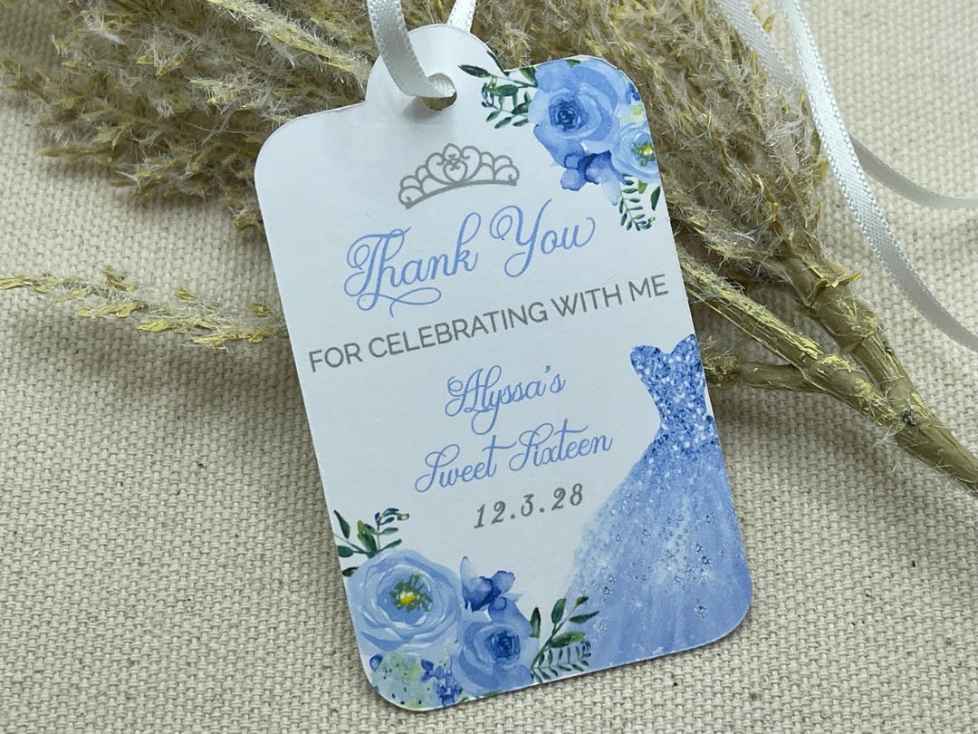Personalized Sweet Sixteen Favor Tags: Light Blue Floral Princess Party ...