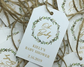 Personalized Rustic Wreath Baby Shower Tag,  Oh Baby, Greenery, Boho, Jar Labels, Baby Sprinkle, Gender Neutral, Printed Favor Tags