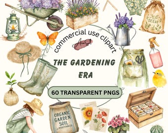 Gardening Era Clipart Bundle PNGs, Watercolor Summer Garden Tools Graphics, Cottagecore Planter (Digital Download)
