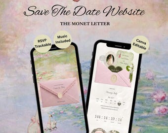 Peut inclure: Deux smartphones affichent un modèle de site web Save The Date intitulé The Monet Letter. Les écrans présentent une enveloppe rose avec un sceau de cire, un calendrier et un compte à rebours. Des étiquettes indiquent RSVP Trackable, Music Included et Canva Editable.