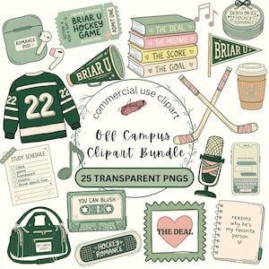 May include: A collection of green and white collegiate-themed clipart elements. Includes a hockey jersey, books, a megaphone, a cassette tape, a hockey puck, and a sports bag. The text includes "Briar U", "Hockey Game", and "Off Campus Clipart Bundle".