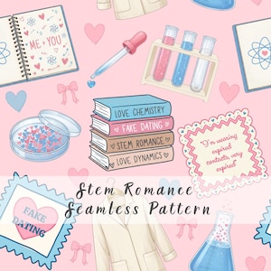 Könnte beinhalten: Ein nahtloses Muster auf rosa Hintergrund mit wissenschaftlichen Illustrationen, darunter ein Notizbuch mit dem Text "ME + YOU", Reagenzgläser, Bücher mit den Titeln "LOVE CHEMISTRY", "FAKE DATING", "STEM ROMANCE", "LOVE DYNAMICS" und eine Notiz.