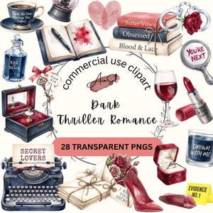 Può includere: Una collezione di illustrazioni ad acquerello raffiguranti una tazza da tè, un libro aperto, una pila di libri, manette, una rosa rossa, uno specchio con testo, un calice di vino, rossetto, una candela, una macchina da scrivere, lettere e una scarpa col tacco.