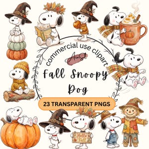 May include: A collection of watercolor-style illustrations featuring a white dog in various autumn-themed outfits and poses, including wearing witch hats, scarves, and sweaters, alongside pumpkins, a log, and a scarecrow, with text reading commercial use clipart fall Snoopy Dog 23 TRANSPARENT PNGS.