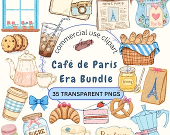 Café de Paris Era Clipart Bundle, Hand-Drawn French Bakery Coffee Lover PNGs, (Digital Download)