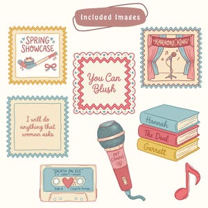 May include: A collection of illustrated images with a light beige background. Included are a microphone, books, a cassette tape, and several framed images with text such as "Spring Showcase" and "Karaoke King". A red musical note is also present.