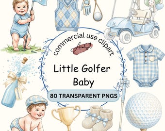 Little Golfer Baby Shower Clipart Bundle PNG, Watercolor Golf Nursery Graphics for Birthday Invitations.