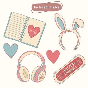 May include: An illustration featuring a notebook with a heart, bunny ears headband, pink headphones, a bandage with "Hockey Romance" text, and hearts. The headphones have the text "You Can Blush". The color palette includes pink, blue, and cream.