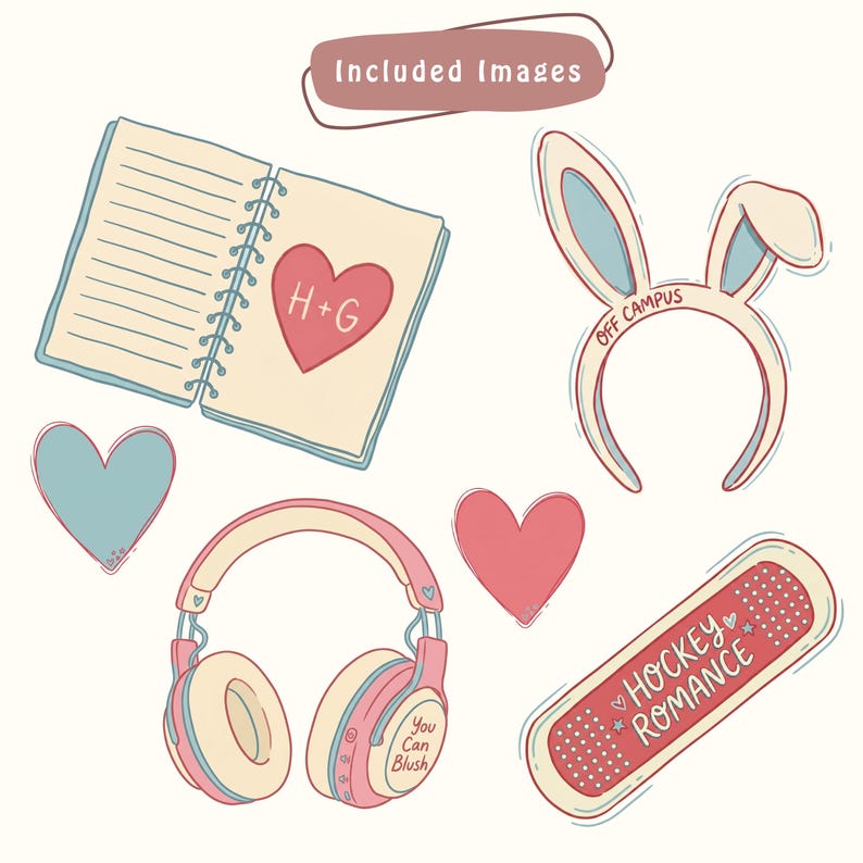 May include: An illustration featuring a notebook with a heart, bunny ears headband, pink headphones, a bandage with "Hockey Romance" text, and hearts. The headphones have the text "You Can Blush". The color palette includes pink, blue, and cream.
