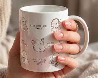 Spooky Ghost Coffee Mug, Kawaii Cat Lover Cup, Whimsical Spooky Season Gift for Her.
