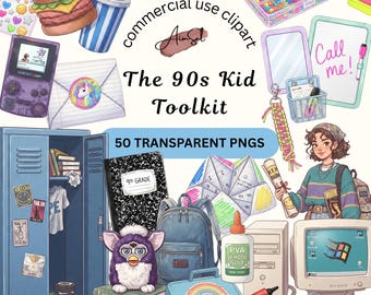 90s Kid Toolkit Clipart Bundle PNG, Retro School Elements, 90s Nostalgia Printable Art, Y2K Childhood Memories PNGs.