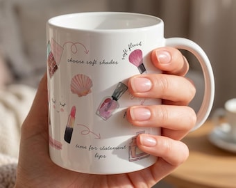 Glam Alert Watercolor Makeup Ceramic Mug, Beauty Room Decor, Gift for Makeup Artist.