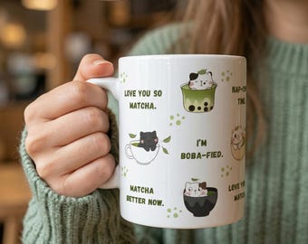 Matcha Cat Coffee Mug, Japanese Daily Moods Sarcastic Tea Cup, Whisk It Real