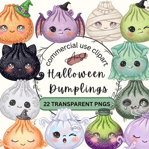 Könnte beinhalten: Eine Sammlung digitaler Illustrationen mit verschiedenen bunten, glitzernden Cartoon-Teigtaschen mit Gesichtern, darunter Themen wie eine Mumie, eine schwarze Katze, eine Hexe und ein Monster, mit dem Text commercial use clipart Halloween Dumplings.