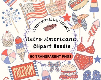 Retro Americana Clipart Bundle PNGs, 4th of July Independence Day Clipart, Patriotic Holiday Graphics.