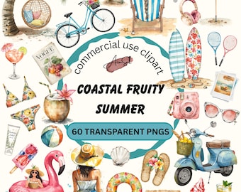 Coastal Fruity Summer Watercolor Clipart Bundle PNGs, Coquette Beach Girl, Summer Fashion (Digital Download)