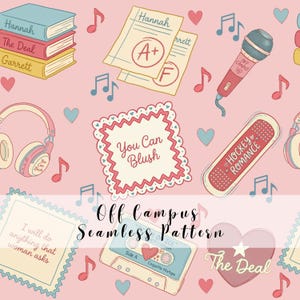 May include: A seamless pattern on a pink background featuring illustrations of books labeled Hannah, The Deal, and Garrett, exam papers with grades, a microphone, headphones, a bandage labeled Hockey Romance, a cassette tape, and hearts.