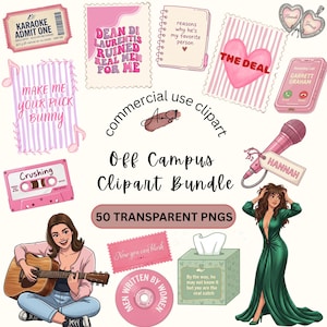 May include: A digital clipart bundle featuring pink-themed illustrations including a karaoke ticket, a cassette tape, a microphone with a Hannah tag, a guitar player, a person in a green dress, a tissue box, a heart, and a phone screen with text.
