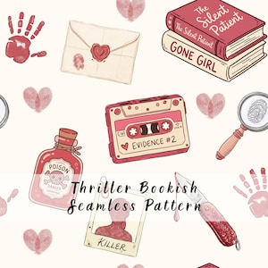 Op de afbeelding: Een naadloos patroon met thriller-illustraties, waaronder een rode handafdruk, een verzegelde envelop, boeken met de titels The Silent Patient en Gone Girl, een cassettebandje met het label Evidence #2, een vergrootglas, een gifflacon en een mes.