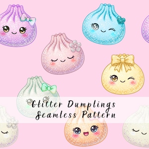 Glitter Dumplings Seamless Pattern, Kawaii Pastel Food Digital Paper, Steamed Buns Fabric Design.