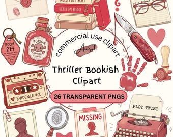Thriller Bookish Clipart PNG, Mystery Book Lover Clipart Bundle, Crime Horror Booktok Elements.