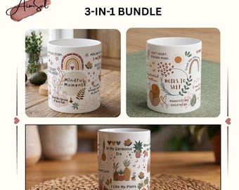 Boho Soul Mug Wrap Bundle: 3-in-1 Mindful Moments, Plant Parent, Affirmations, PNG (Digital Download)