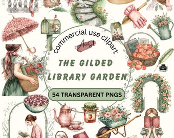 Gilded Garden Library Clipart, Bookish Floral PNGs, BookTok Planner Stickers, Book Lover (Digital Download)