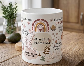 Diseño PNG para taza "Momentos de atención plena", plantilla de sublimación "Afirmaciones diarias estilo boho", Salud mental (descarga digital)