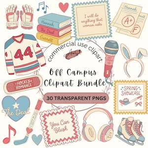 Puede incluir: Una colección de elementos de clipart dibujados a mano, que incluyen una camiseta de hockey, libros, un micrófono y auriculares. Se muestra el texto "Off Campus Clipart Bundle", junto con otros elementos de texto como "Hockey Romance" y "You Can Blush".