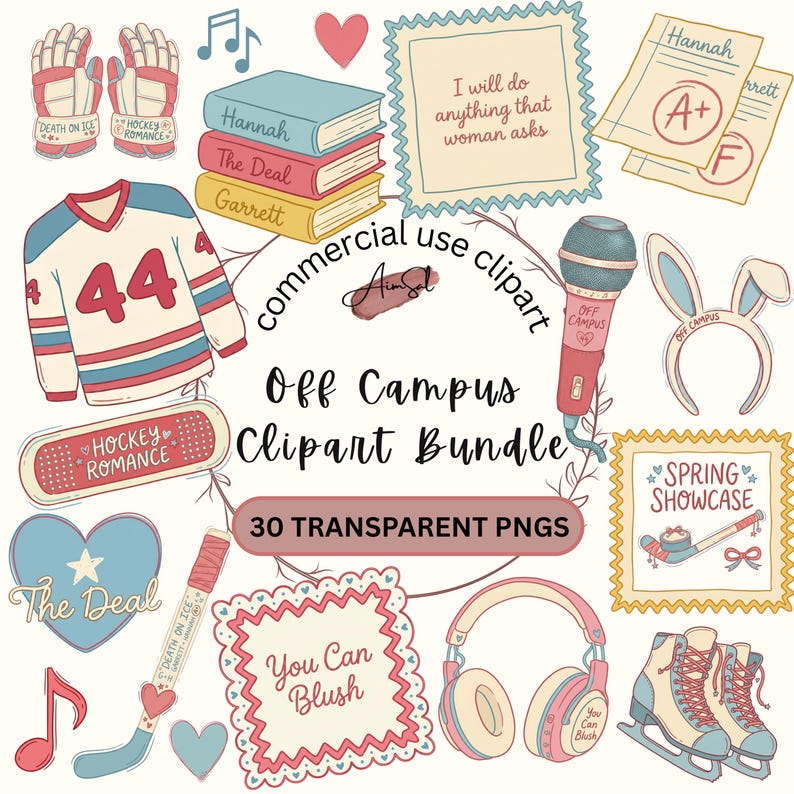 May include: A collection of hand-drawn clipart elements, including a hockey jersey, books, a microphone, and headphones. The text "Off Campus Clipart Bundle" is displayed, along with other text elements like "Hockey Romance" and "You Can Blush".