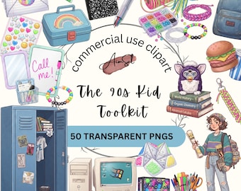 May include: A digital collection of 90s-themed clipart featuring a blue locker, a desktop computer, a person with a backpack, school supplies, a lunchbox, a Furby, books, beads, and stationery items with the text commercial use clipart The 90s Kid Toolkit.