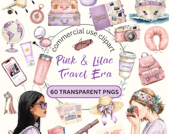 Pink Lilac Travel Era Clipart Bundle, Trendy Vacation Graphics PNG, Travel Planner (Digital Download)