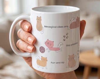 Whimsical Cat Mug, Funny Feline Coffee Cup, Mental Health Daily Affirmations, Cat Mom Gift.