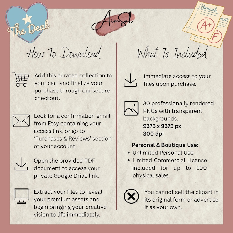 May include: A digital download graphic with text detailing how to download and what is included. The image features a heart-shaped graphic, a handwritten signature, and a grade sheet. The text includes instructions for accessing files and usage rights.