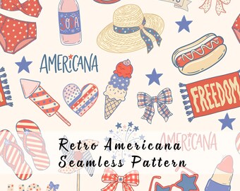 4th of July Americana Seamless Pattern, Independence Day Digital Paper, Patriotic Holiday Repeat Pattern.