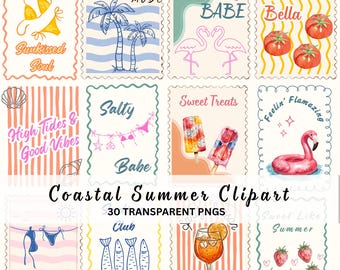 Coastal Summer PNG Bundle, Beach Vacation Clipart, Retro Preppy Coquette Graphics, Sardines Lobster Cocktail.