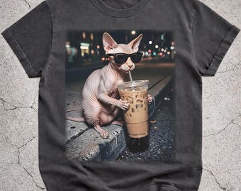 Funny Sphynx Cat Drinking Iced Coffee Shirt, Cat Mom Gift, Animal Meme Tee