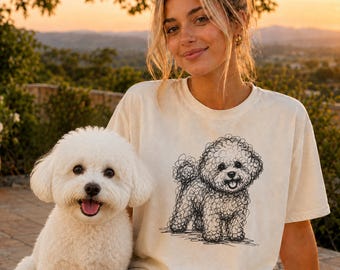 Camiseta com estampa minimalista de Bichon Frisé, camiseta com desenho abstrato de Bichon, camiseta branca com estampa abstrata de cachorro, presente para mãe de Bichon, camiseta artística para cachorro