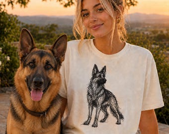 Schäferhund T-Shirt, minimalistisches Gekritzel GSD Skizzen-T-Shirt, abstraktes Hunde-T-Shirt, Schäferhund Mutter Geschenk, Artsy-Hund-T-Shirt
