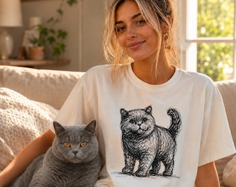 Maglietta con disegno stilizzato di un gatto British Shorthair, maglietta minimalista con scarabocchi blu British Shorthair, maglietta con gatto astratto, regalo per la mamma di un British Shorthair
