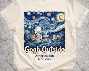 Maglietta Gogh Outside America 250, Maglietta Notte Stellata USA, Maglietta Patriottica 1776-2026, Regalo per il 4 luglio, 250° anniversario degli Stati Uniti