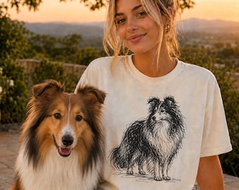 Koszulka z rysunkiem owczarka szetlandzkiego, minimalistyczna koszulka z rysunkiem sheltie, abstrakcyjna koszulka z psem, prezent dla mamy sheltie, artystyczna koszulka z psem