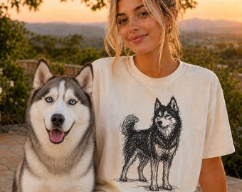 Camiseta com estampa minimalista de Husky Siberiano em estilo rabisco, camiseta abstrata com cachorro, presente para mãe de Husky, camiseta artística com estampa de cachorro.