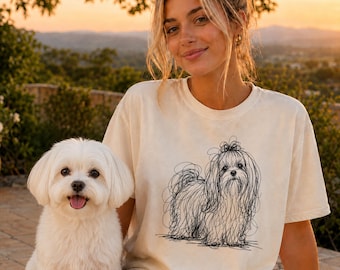 Camiseta com estampa minimalista de um maltês, camiseta com desenho abstrato de cachorro, presente para mãe de maltês, camiseta para amante de cães com estilo artístico