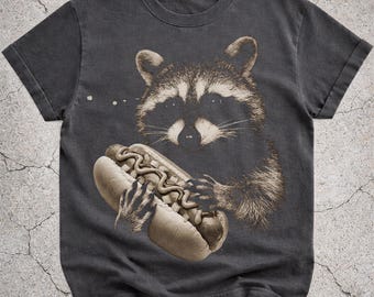 Camiseta divertida de mapache comiendo perrito caliente, camiseta de mapache, camiseta con meme de comida, regalo para amantes de los perritos calientes, camiseta con estampado vintage.