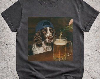 Maglietta con Springer Spaniel inglese che beve birra, maglietta divertente con meme di cane, regalo per proprietari di Springer Spaniel, maglietta grafica vintage per amanti della birra