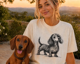 Dackel Linie Kunst Shirt, minimalistisches Gekritzel Dackel Hund Skizzen-T-Shirt, abstraktes Doxie T-Shirt, Dackel Mutter Geschenk, Artsy Hunde-T-Shirt