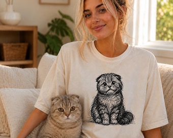 Maglietta con disegno stilizzato di un gatto Scottish Fold, maglietta minimalista con schizzo di gatto, maglietta astratta con gatto, regalo per la mamma di un Scottish Fold, maglietta artistica con gatto