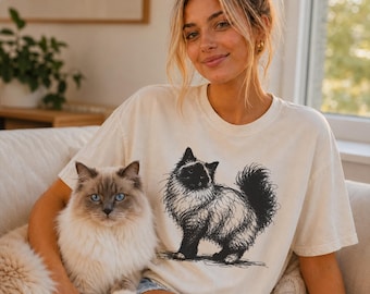 Maglietta con disegno di un gatto Ragdoll, maglietta minimalista con schizzo felino, regalo per gli amanti dei gatti dagli occhi azzurri