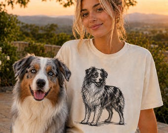 Australian Shepherd T-Shirt, minimalistisches Gekritzel Aussie Skizzen-T-Shirt, abstraktes Hunde-T-Shirt, australisches Muttergeschenk, Artsy-Hund-T-Shirt